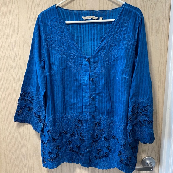 Soft Surroundings Batik  Blue Linen  Size L Long Sleeves i - Picture 1 of 13